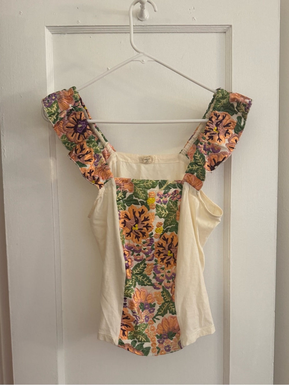 Cream Floral-Panel Ruffle Strap Camisole
